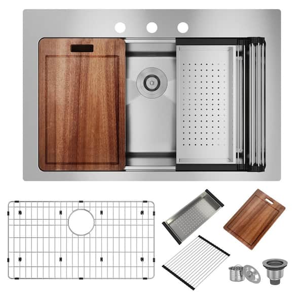 33 in. Drop-in 3-Hole Single Bowl Brushed Stainless Steel Workstation Kitchen Sink with Accessories, CUPC Certified