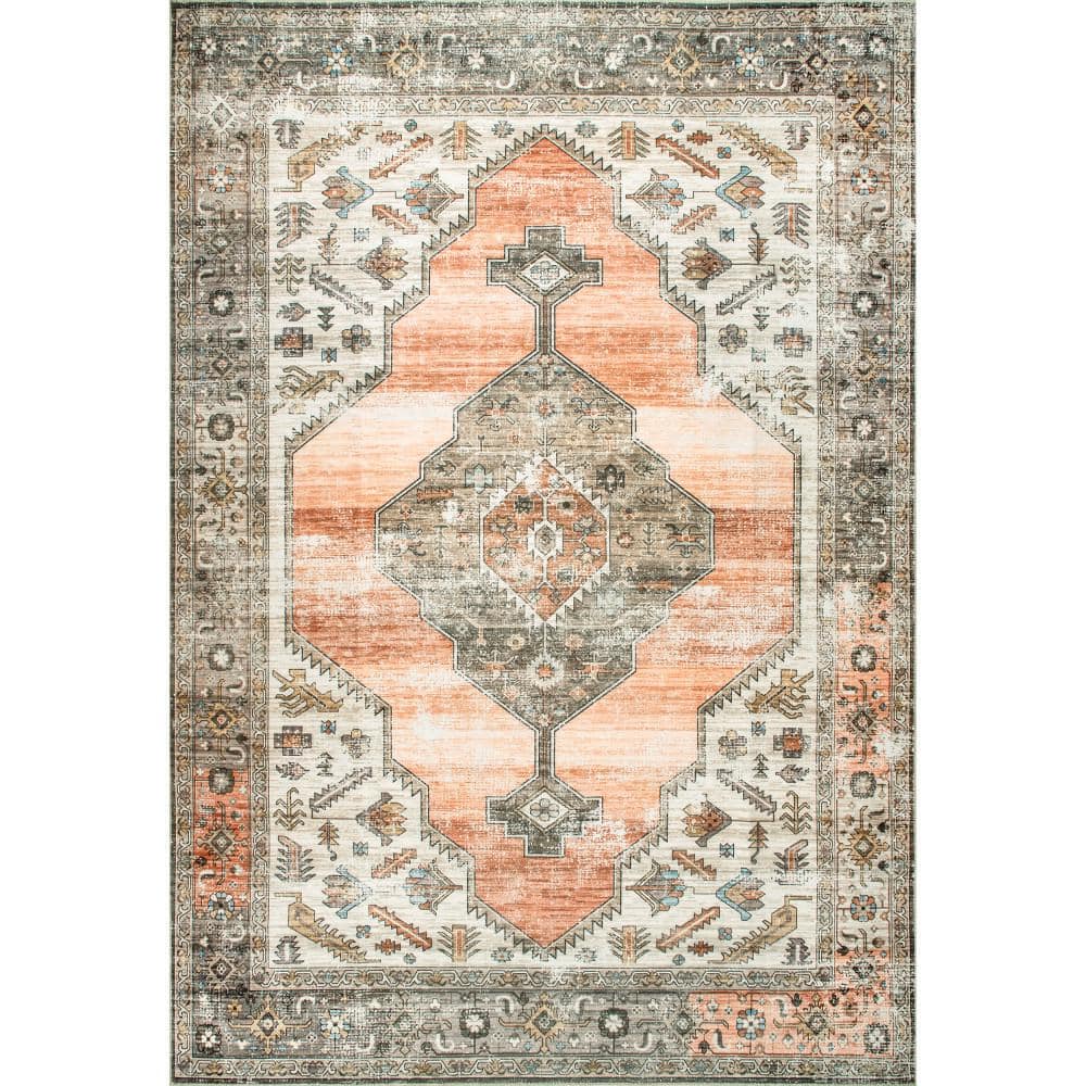 Peach Medallion 6' x 9' Washable Synthetic Area Rug