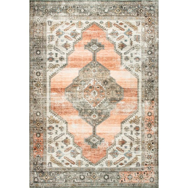 nuLOOM Gracie Distressed Medallion Machine Washable Square Rug Peach 6 ft. x 6 ft. Square Rug