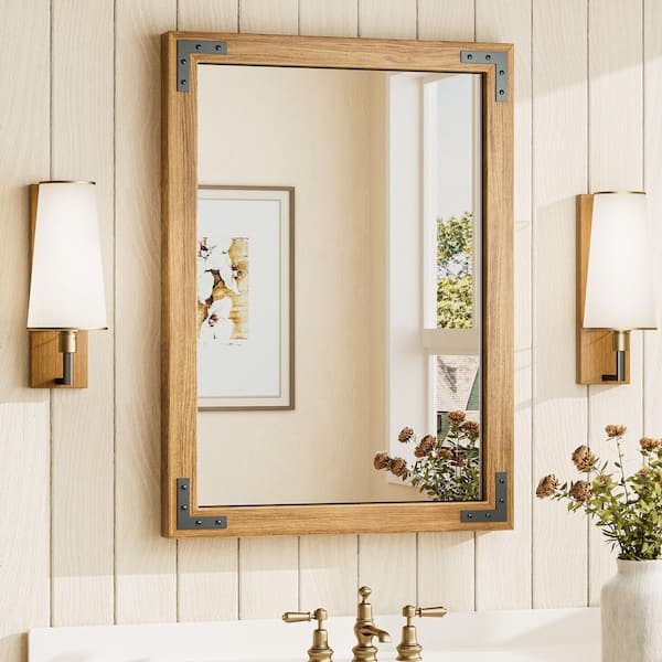 22 in. W x 30 in. H Rectangular Rustic Wood Framed Mirror Farmhouse Bathroom Vanity Mirror Over Sink in Natural Wood