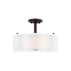 Elmwood Park 14 in. 2-Light Bronze Modern Transitional Flush Mount with Satin Etched Glass Shade