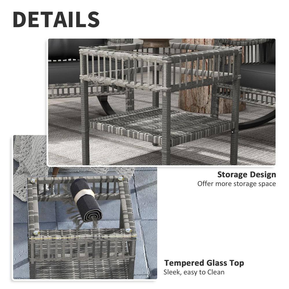 Close-up details of the woven coffee table structure and top.