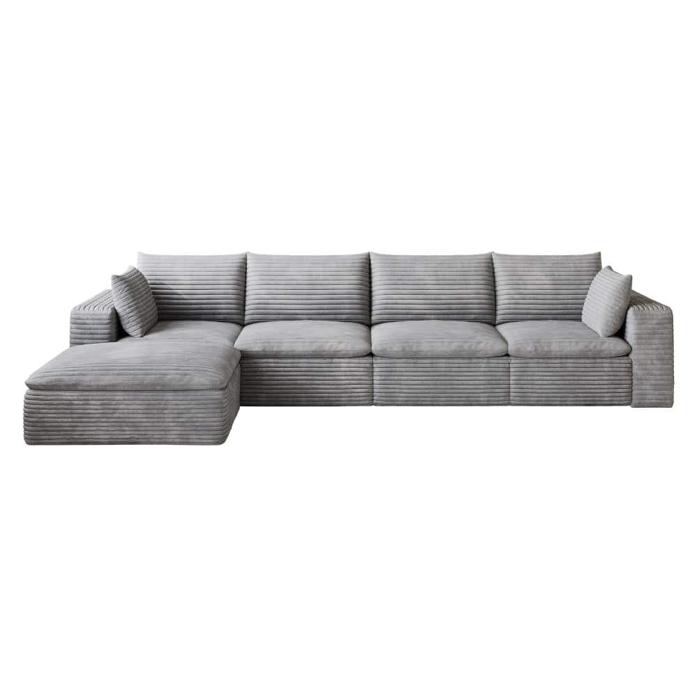 134 in. Armless 4-piece Corduroy Deep Seat Modular Sectional Sofa with Removable Cushion in Grey