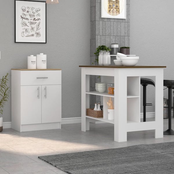 2 Piece Kitchen Set, Delos Kitchen Island + Barbados Pantry Cabinet , White /Walnut /Light Oak