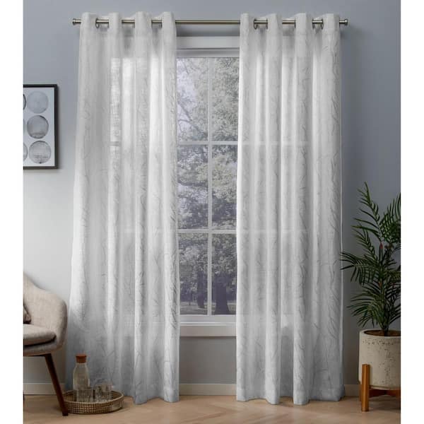 Unbranded Winter White, Silver Floral Faux Linen Grommet Sheer Curtain - 54 in. W x 108 in. L (Set of 2)