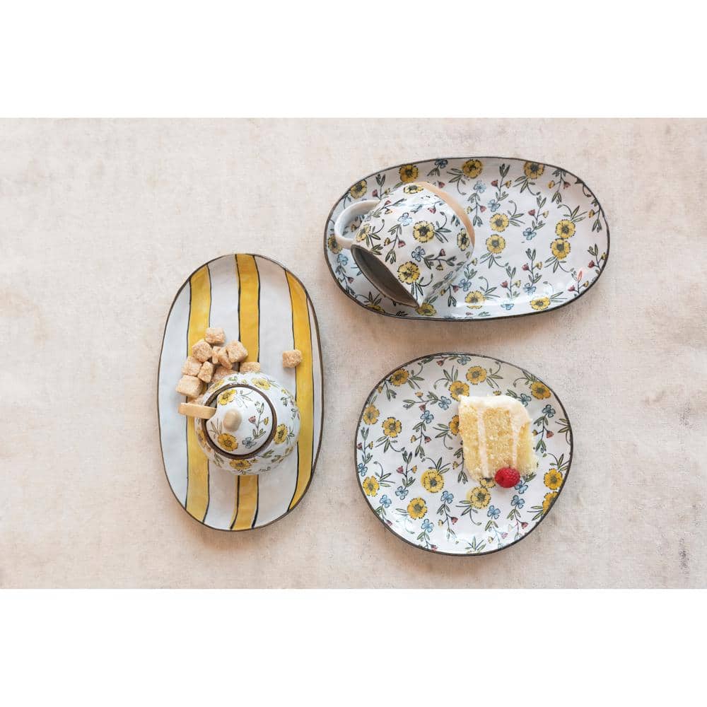 Hand-Painted Floral Stoneware Sugar and Creamer Set with Spoon