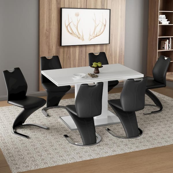GOJANE 7-Piece White Dining Table Set 59 in. Rectangle Table and 6 Black Chairs