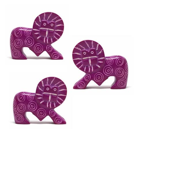 Global Crafts Small Soapstone Pink Lion Figurine - Set of 3, Fuchsia