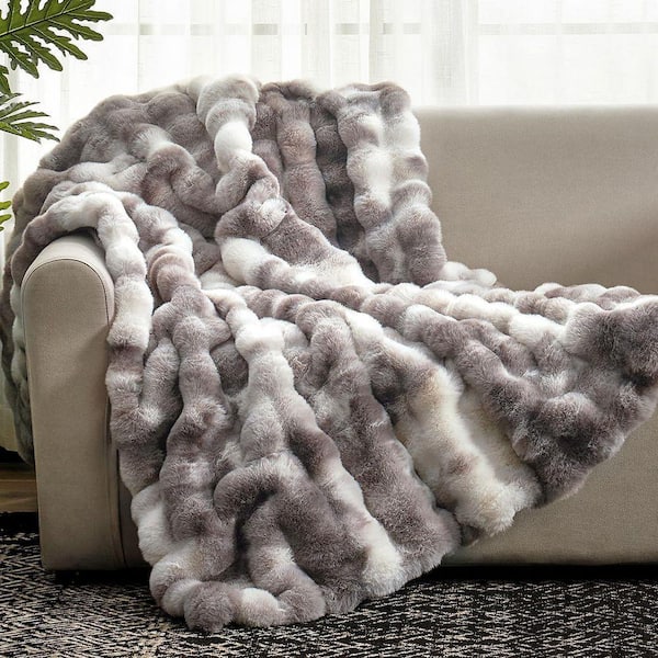 50 in. x 60 in. Gray Tie-dye Taupe Faux Fur Throw Blanket, Fuzzy Soft Plush Thick Bubble Blanket for Sofa Living Room