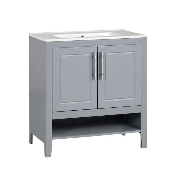 Dimakai 30 in. W x 18.3 in. D x 33 in. H Single Sink Bath Vanity in Grey 30 in. MDF Board Bathroom Cabinet White Ceramic Top