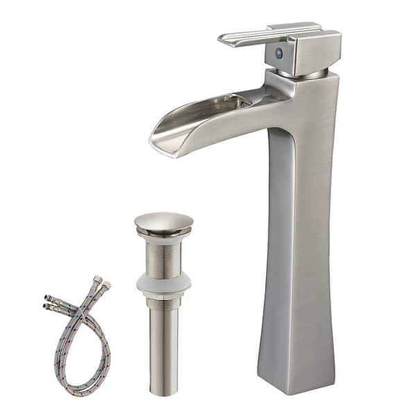 Unbranded Single Handle Waterfall Bathroom Vessel Sink Faucet with Drain Assembly 1-Hole High Tall Bathroom Tap in Brushed Nickel