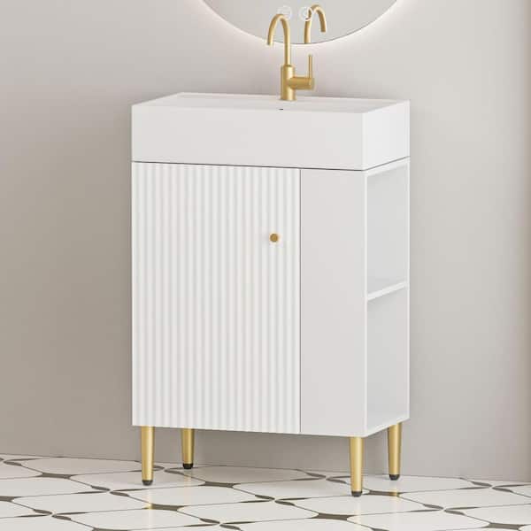 21.6 in. Single Sink Freestanding White Bath Vanity with White Ceramic Top, Soft-closing Hinge, Right-side Open Shelf