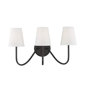Meridian 20 in. W x 11.25 in. H 3-Light Oil Rubbed Bronze Wall Sconce with White Fabric Shades