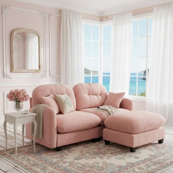 PMOB 74 in. Round Arm 3-piece Chenille Rectangle Tufted Backrest with Ottoman Sectional Sofa in Blush Pink
