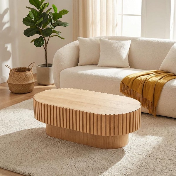 Parker Modern 43.11 in. Natural Wood Oval MDF Coffee Table with Pedestal