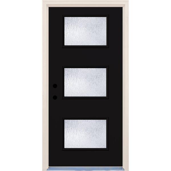 Builders Choice 36 in. x 80 in. Inkwell Right-Hand 3 Lite Rain Glass Painted Fiberglass Prehung Front Door with Brickmould