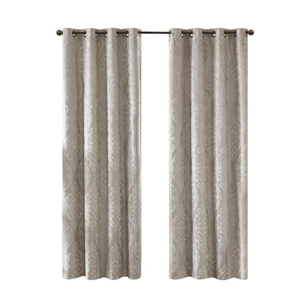 Elysia Silver Damask Knitted Jacquard Damask 50 in. W x 95 in. L Blackout Grommet Top Curtain