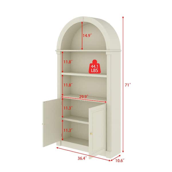 71 in. Tall Beige Finished Wood 5-Shelf Bookcase with Close Back, Open Shelves, 2 Doors and  Arched Top
