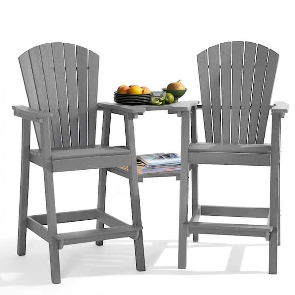Light Grey HDPE Tall Adirondack Chair with Removable Double Connecting Trays for Deck, Balcony, Patio (2-Pack)