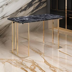 Jenny 23.62 in. Rectangular Black Faux Marble Desk with USB Power Outlet and Gold Metal Legs