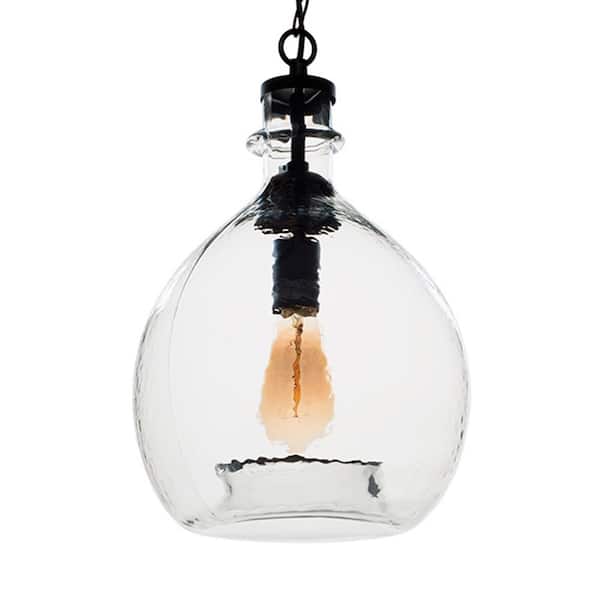 Casamotion 17 in. H and 11 in. W 1-Light Black Wavy Hammered Hand Blown Glass Pendant with Clear Glass Shade