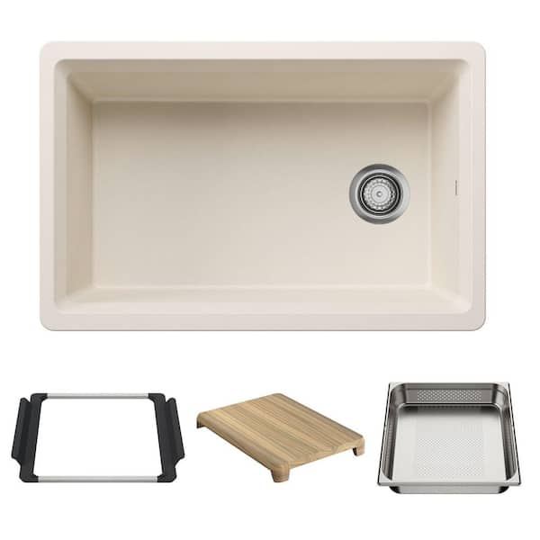 Inteos 30 in. Undermount Single Bowl Soft White Granite Composite Kitchen Sink With Colander and Cutting Board