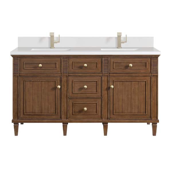 James Martin Vanities Lorelai 60.0 in. W x 23.5 in. D x 34.06 in. H Double Bathroom Vanity in Mid-Century Walnut with White Zeus Quartz Top