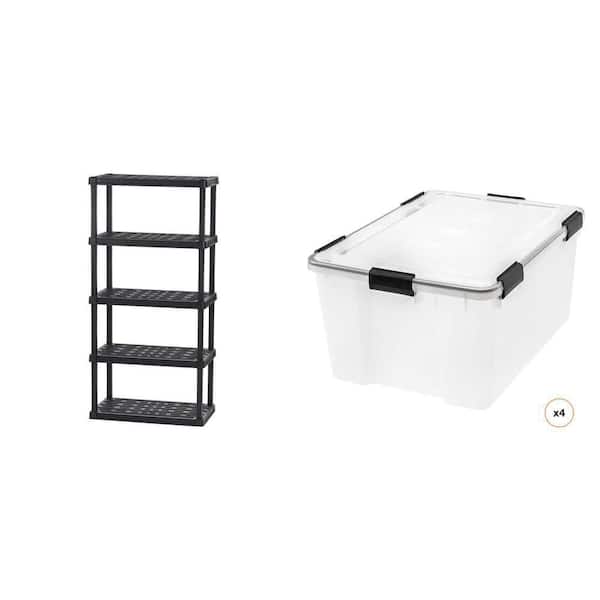 5-Tier Garage Shelving Unit (18 in. x 74 in. x 36 in.) and 62 Qt. Storage Tote, Black (4-Pack)