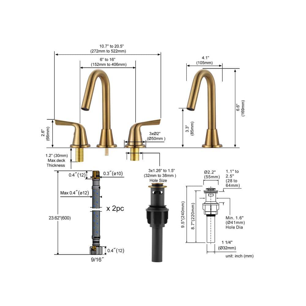 8-Inch Brushed Gold Stainless Steel Widespread Bathroom Faucet