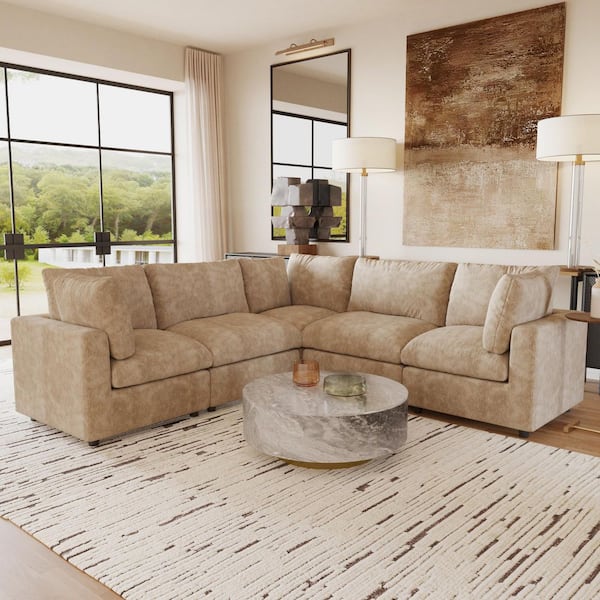 202 in. Square Arm Chenille Fabric 5-Piece Modular Free Combination Sectional Sofa in. khaki