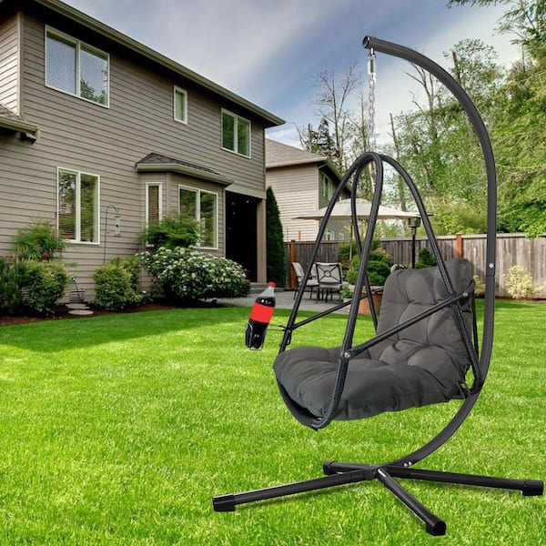 Swing Egg Chair with Stand, Indoor Outdoor Wicker Rattan Hanging Chair with C Bracket, Cushion, Pillow, Cup Holder