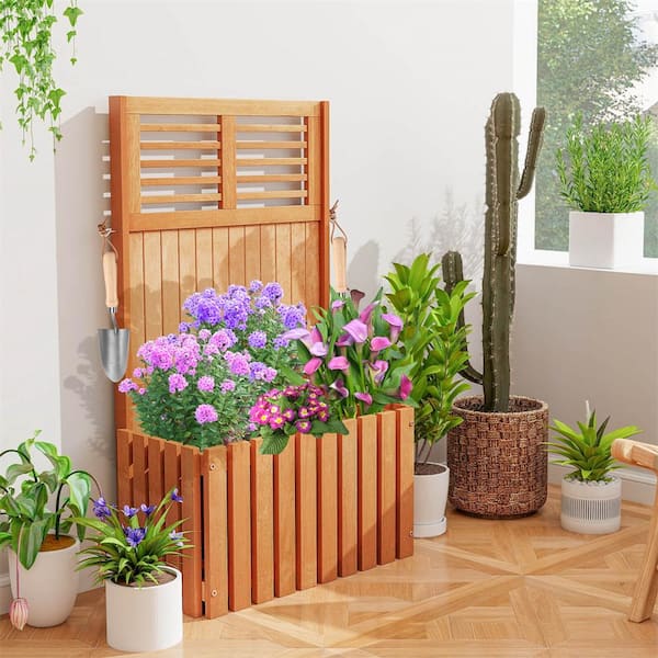 Nature Teak Color Wooden Outdoor Raised Garden Bed with Trellis and Planter Box Privacy Screen
