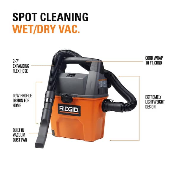 3 Gal 3.5 Peak HP Handheld Shop Vac Wet Dry Vacuum with RIDGID SWEEP Dust Pan, Filter, Locking Hose and LED Car Nozzle