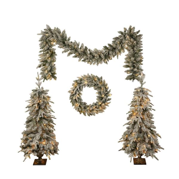 4 ft. Green and White Vinyl 4-Piece Artificial Snowy Flocked Christmas Tree with LED Light