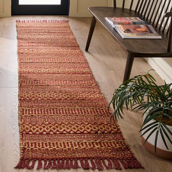 Natural Fiber 2 ft. x 9 ft. Natural/Rust Woven Striped Fringe Runner Rug