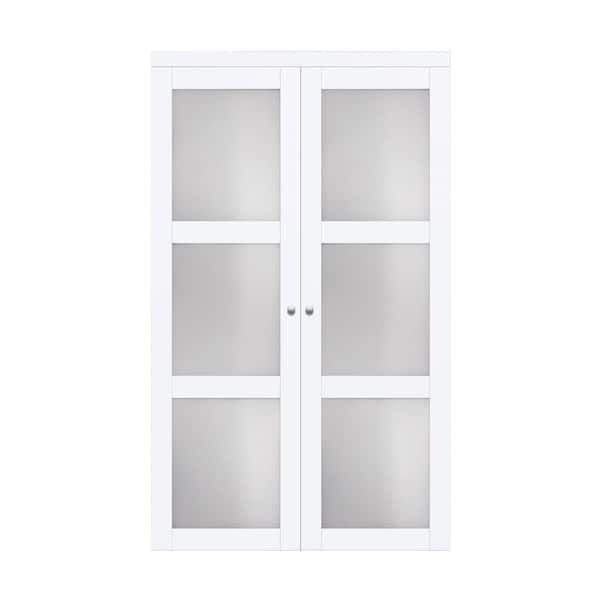 TRUporte 36 in. x 80.25 in. Off White 3-Lite Tempered Frosted Glass MDF Interior Pivot Closet Door