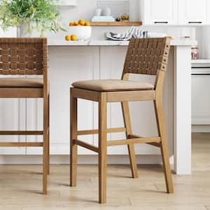 Cohen 29 in. Natural Brown Wood Mid-Century Faux Leather Counter Height Bar Stool, with Woven Back for Kitchen