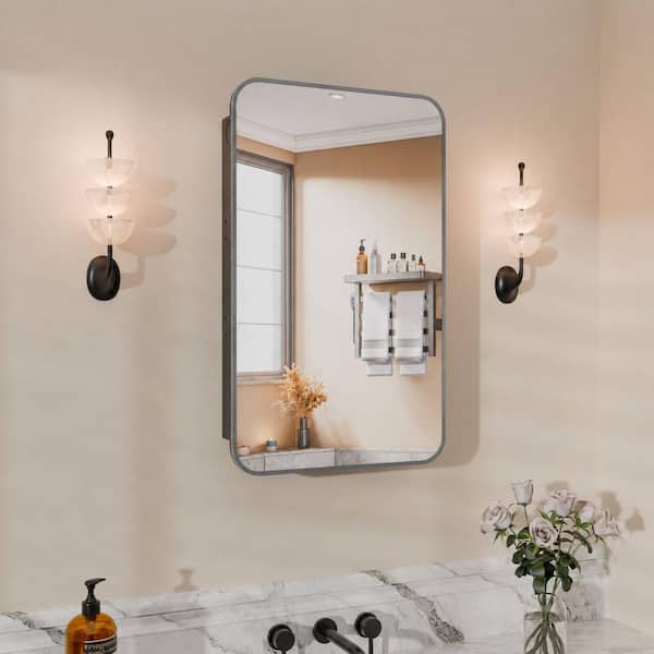 24 in. W x 36 in. H Recessed Rectangular Metal Framed Bathroom Medicine Cabinets with Mirror in Gunmetal Gray