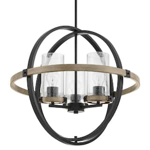 Richland 3-Light Grey Wood Finish Cage Pendant with Clear Seedy Glass