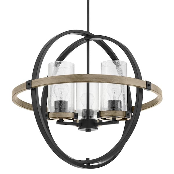Hampton Bay Richland 3-Light Grey Wood Finish Cage Pendant with Clear Seedy Glass
