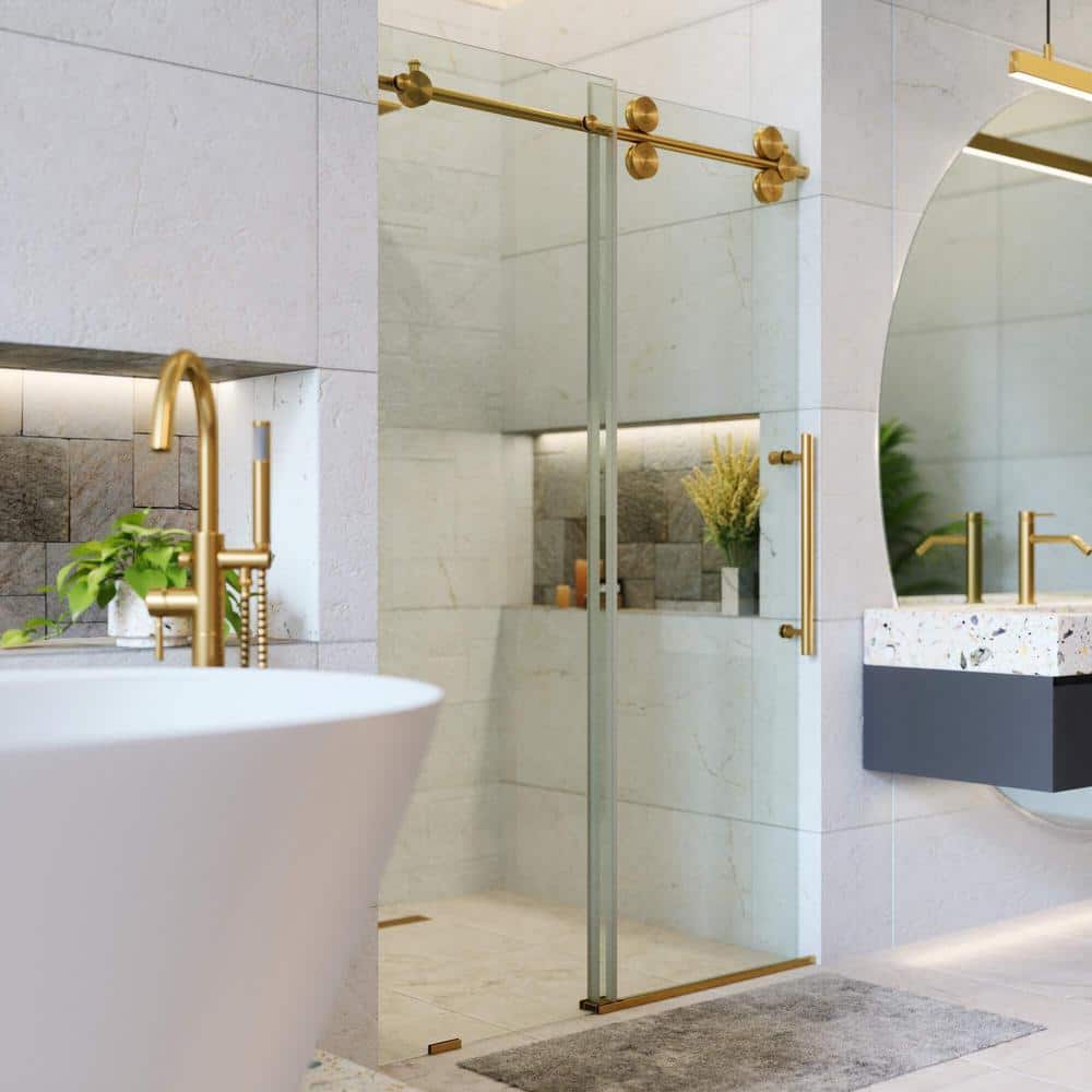 48'' Satin Brass Frameless Sliding Shower Door with Tempered Glass