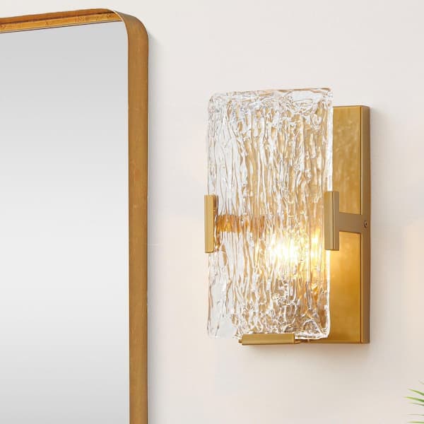 1-Light Gold Wall Sconces with Clear Textured Glass Shade