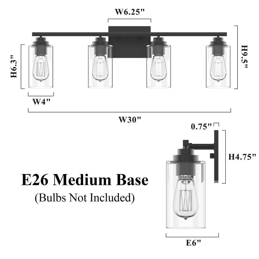 Black Metal and Glass 4-Light Dimmable Vanity Fixture