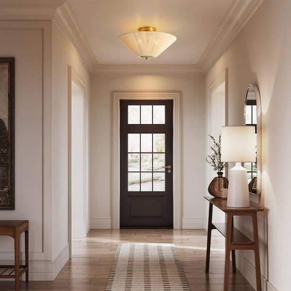 Brody 15 in. 2-Light Modern Farmhouse Brushed Brass Cone Semi-Flush Mount Light with Hand-Woven Rope Shade