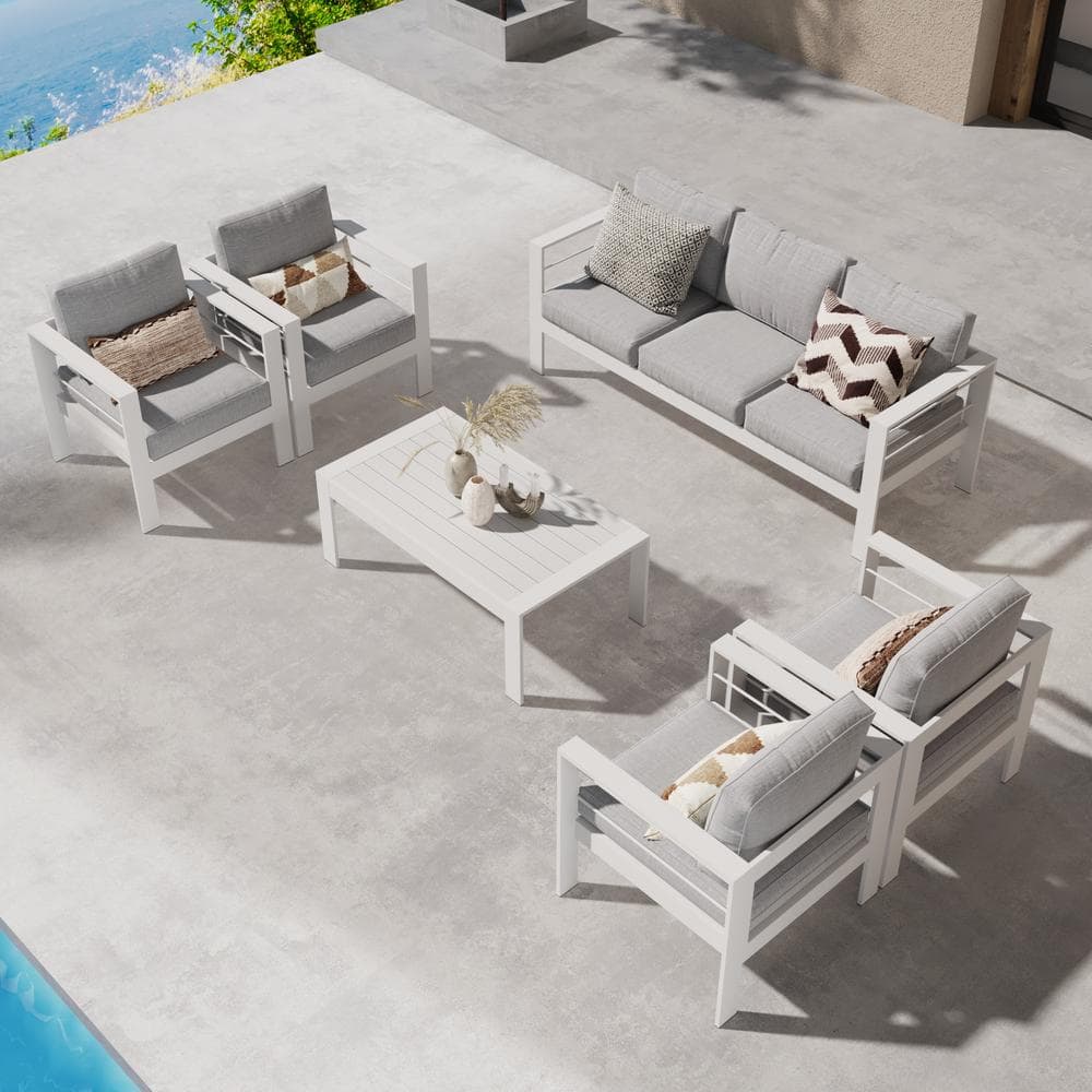 White Aluminum 6-Piece Patio Conversation Set with Light Gray Cushions