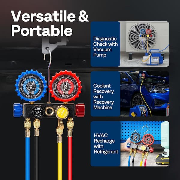 VEVOR 4 Way AC Gauge AC Manifold Gauge Set For R134A R22 R12 R410A Refrigerant Freon Gauges With 5ft Hoses Couplers Can Tap Works On Car Auto Freon Charging And Evacuation In - View #6