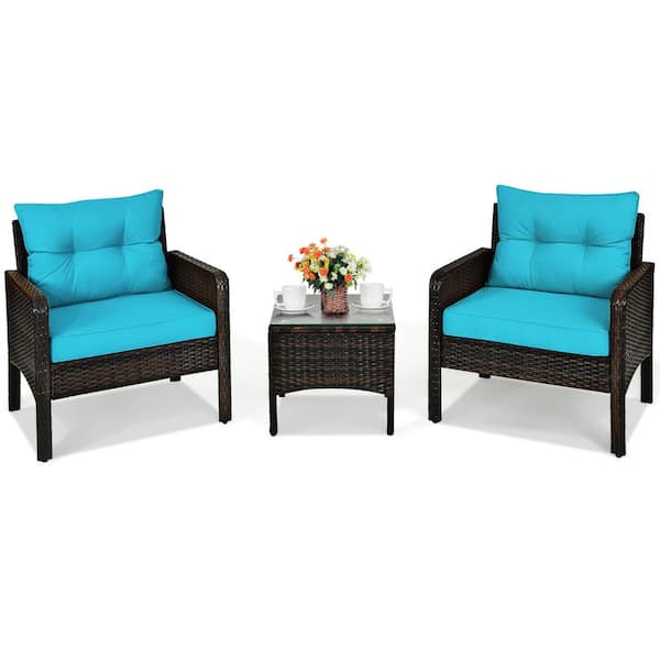 28 in. Brown Frame 3-Piece Plastic Rattan Patio Conversation Seating Set with Turquoise Cushions
