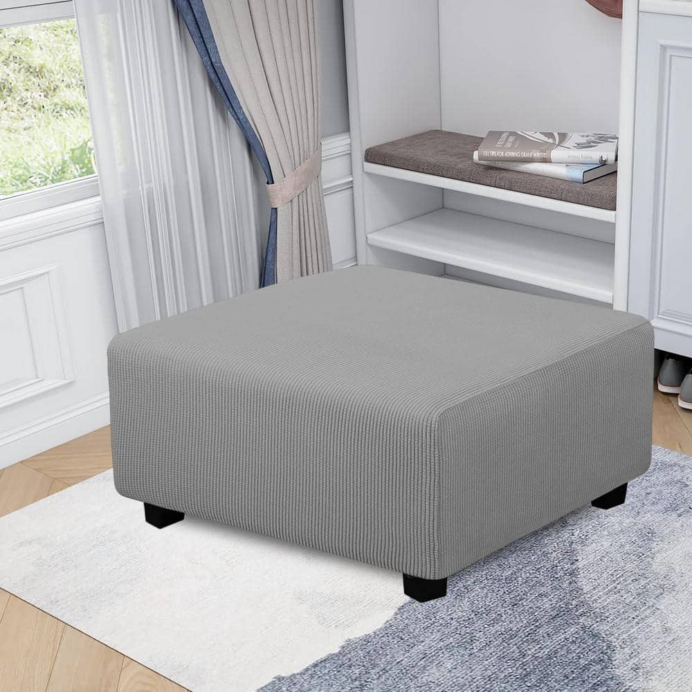 Light Gray Polyester Soft Stretch Rectangle Ottoman Slipcover with Elastic 