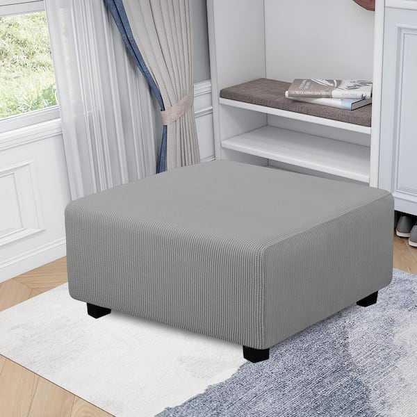 Angel Sar Light Gray Polyester Soft Stretch Rectangle Ottoman Slipcover with Elastic Bottom, Medium-XL