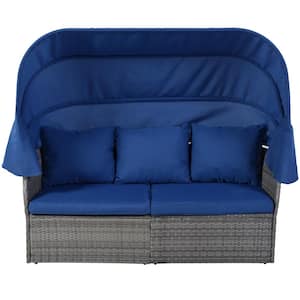 Gray Wicker Woven Rope Outdoor Day Bed with CushionGuard Blue Cushions